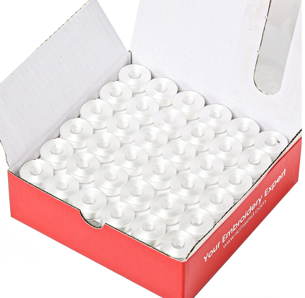 Richword Pre-Wound Bobbins White x 144 120w 75D/2 plastic sided L-style (20.3*8.9mm)