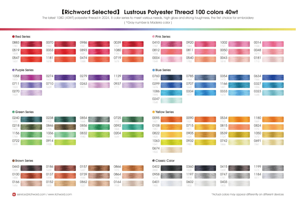 Richword Thread 4000m x 100 colours 108D/2 40wt Polyester Embroidery Thread