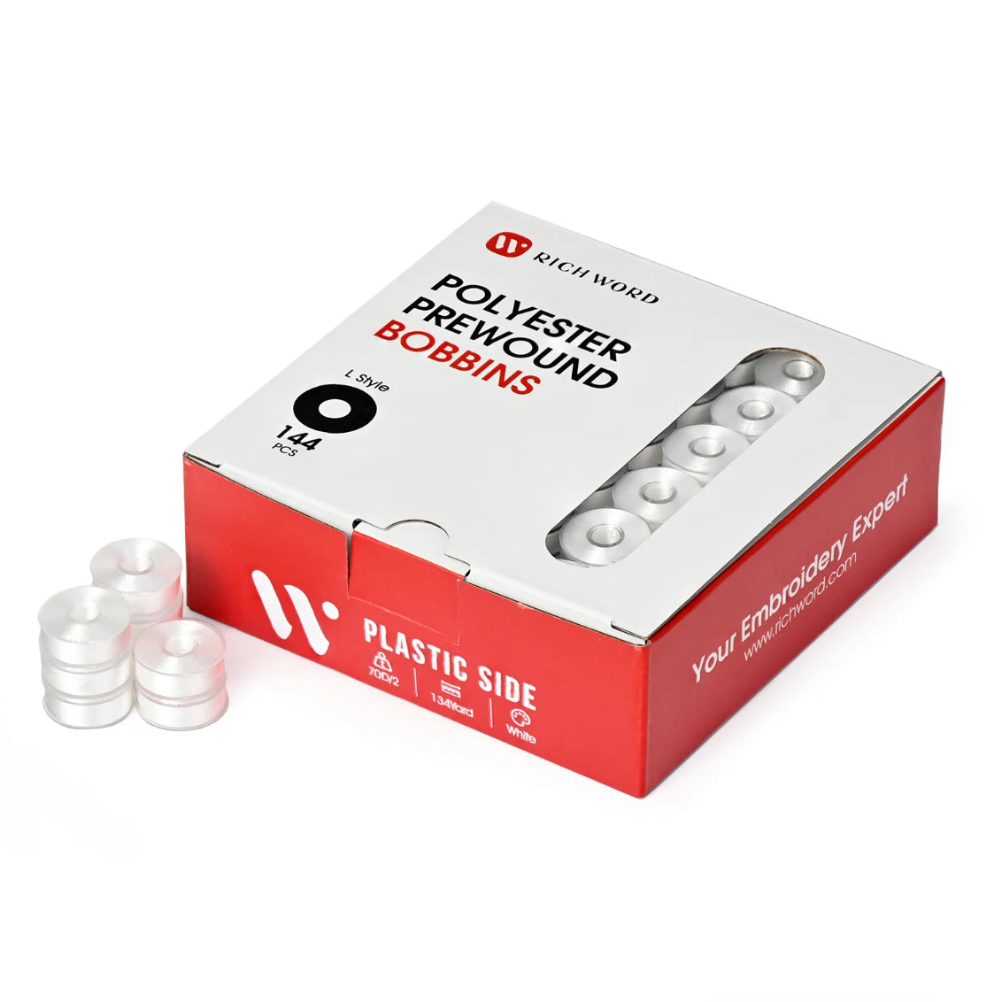 Richword Style L Prewound Plastic Side 70D/2(60WT) White Embroidery Bobbins(144 Bobbins)