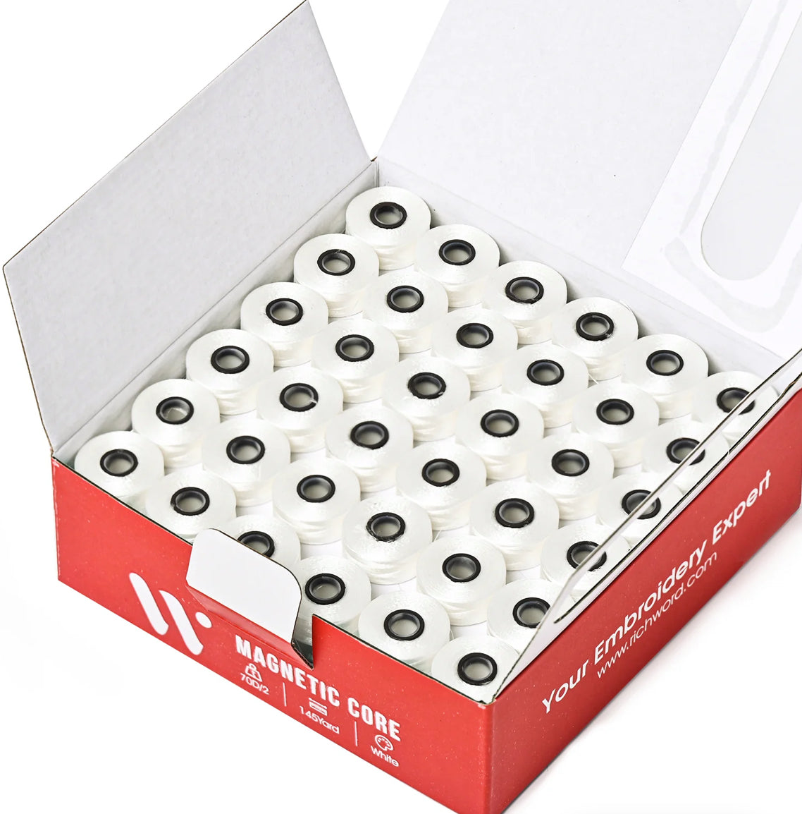 Richword Style L Prewound Magnetic Core (Fil TEC style) 70D/2(60WT) White Embroidery Magnetic Bobbins(144 Bobbins)