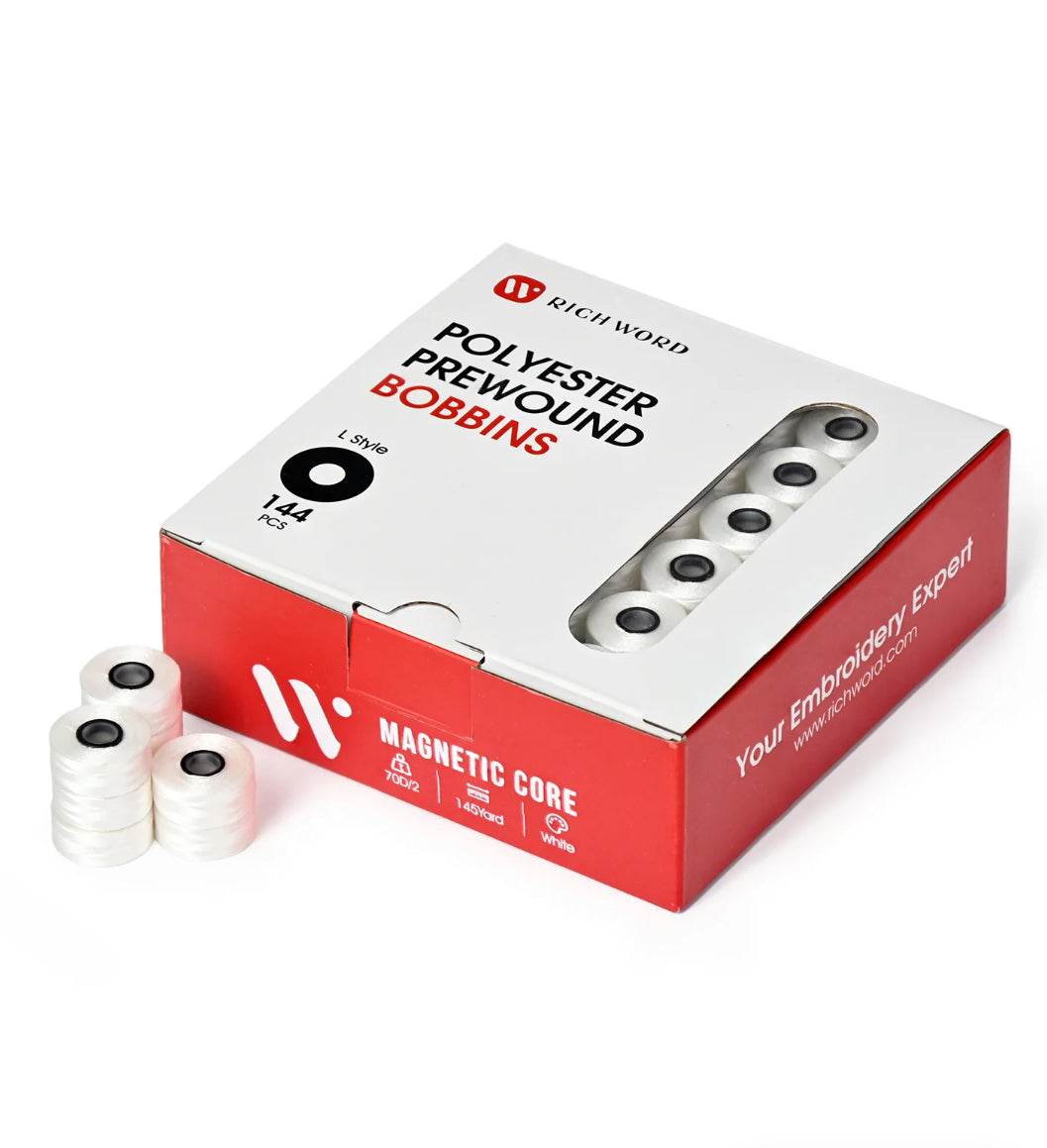 Richword Style L Prewound Magnetic Core (Fil TEC style) 70D/2(60WT) White Embroidery Magnetic Bobbins(144 Bobbins)