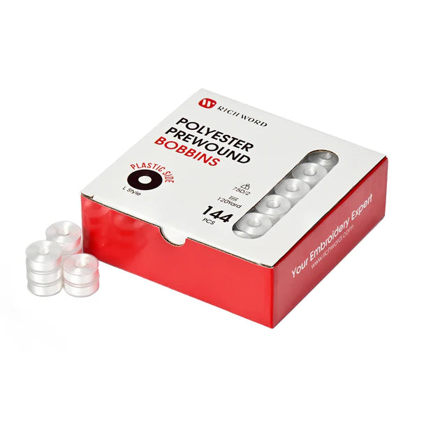 Richword Pre-Wound Bobbins White x 144 120w 75D/2 plastic sided L-style (20.3*8.9mm)