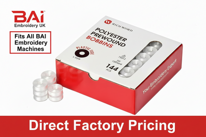 Richword Pre-Wound Bobbins White x 144 120w 75D/2 plastic sided L-style